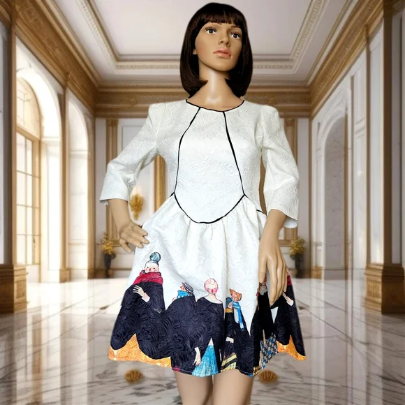 Chun Mei Na Beautiful Watercolor Art Graphic Print Mini Dress 3/4 Sleeves S 4 6 - Picture 1 of 8